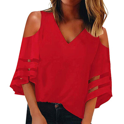

Fashion Women Cold Shoulder Casual Loose Chiffon 34 Sleeve Shirts Blouse Tops