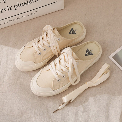 

Siyi Mistery canvas shoes female Korean version of the wild port wind breathable without heel lazy shoes women half drag a pedal