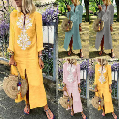 

Summer Women Long Sleeve Boho Cotton Linen Loose Long Maxi Dress Kaftan V Dress