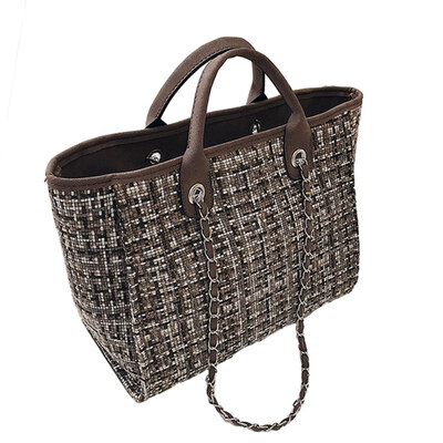 

Fashion Women Color Block Large Capacity Zipper Tote Woolen Cloth Shoulder Bag