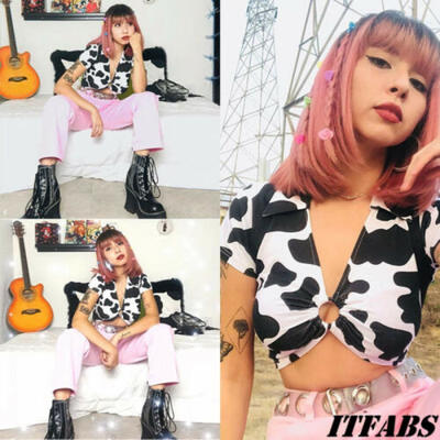 

Women Casual Cow Pattern Tank Tops Vest Blouse Short Sleeve Crop Top Tee Shirts