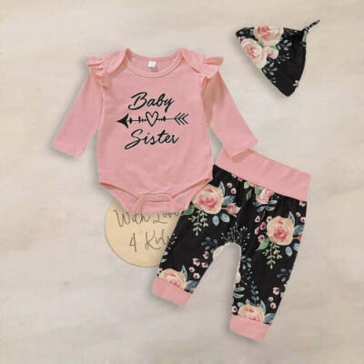 

Newborn Baby Girls Clothes Letter Print Ruffle Romper Jumpsuit Floral Pants Leggings Hat Long Sleeve 3Pcs Outfits Set