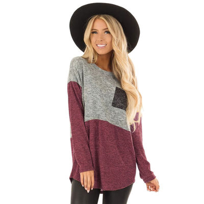 

Women Autumn Concise Color-blocked Long Sleeve Round Collar Shirts