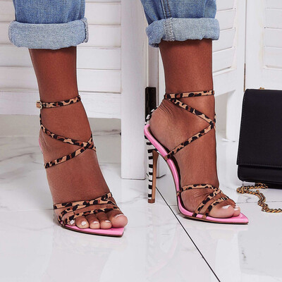 

Rose Womens Open Toe Stiletto High Heel Leopard Cross Strap Sandals for Party Shoes
