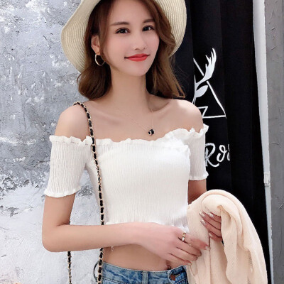 

Womens Slash Neck Solid Short Sleeve Knitted Ruffles T-Shirt