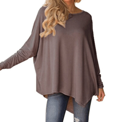 

Nomeni Women Long Sleeve O-neck Pure Color Batwing Sleeve Irregular Hem Blouse Tops