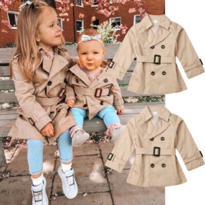 

Girls Belted Double-breasted Lapel Kids Beige Jacket Lined Trench Coat Size 2-7Y