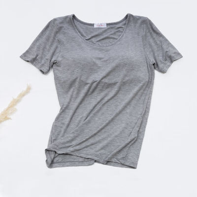 

Women Summer T-Shirts Solid Modal Chest Pad Built In T-shirt O-Neck Short Sleeve Women Tee Tops Breathable Cotton Clothes