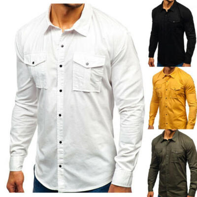 

Mens V-neck Long Sleeve Shirt Button Up Business Work Formal Plain Dress Tops