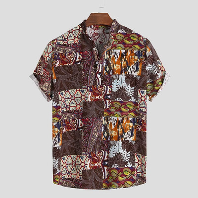 

Toponeto Mens Vintage Ethnic Printed Turn Down Collar Short Sleeve Loose Casual Shirts
