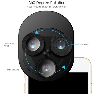 

Universal Mobile Phone Tablet 062X HD Super Wide Angle Lens 20X Macro 198 Degree Fisheye 3 in 1 Set with Clip 360 Degree Free Rot