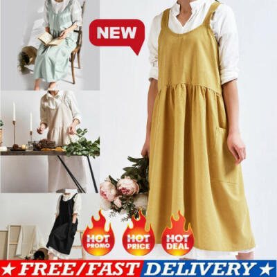 

Women Cotton Linen Pinafore Square Cross Apron Garden Work Pinafore Dress Plus