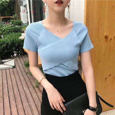 

Summer Sexy V Neck Tank Tops New Fashion Knitted Women Short Sleeve Female Tops Shirt Blouse Casual Crop Tops T-Shirts