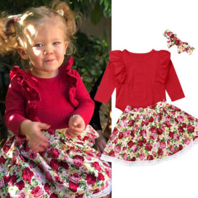 

UK 3pcs Newborn Baby Girl Clothes Romper Tops Flower Dress Skirt Headband Outfit