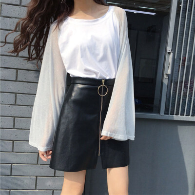 

Women Round Collar Summer Mesh Stitching Solid Color Loose Bell Sleeve Casual Simple Wild T-Shirt