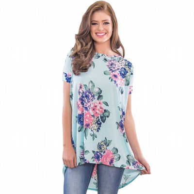 

Round neck short-sleeved floral print short short long casual mid-length loose top