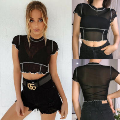 

Womens Mesh Slim Bodysuit Leotard Top Short Sleeve Crop Tops Playsuit Jumpsuit