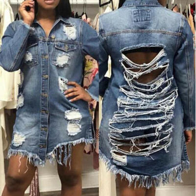 

Womens Hole Patch Denim Ripped Jeans Distressed Denim Long Jacket Coat Outwear