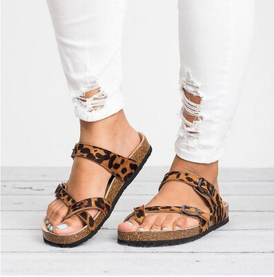 

Rose Retro Womens Leopard Print Flats Sandals Beach Shoes Thick-Soled Cork Slippers