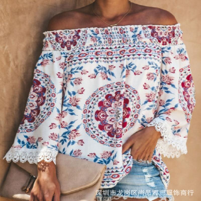 

2019 foreign trade womens Europe&the United States explosion models AliExpress Amazon word collar digital printing shirt loos