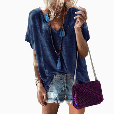 

Womens Fashion Simple Tops Casual V Neck Solid Short Sleeve Basic Plus Size T-Shirt