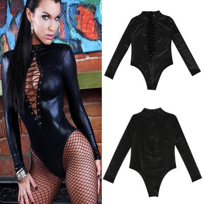 

Women Lace-up PVC Leather Bodysuit Jumpsuit Leotard Top Costume Gothic Clubwear