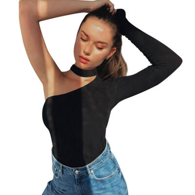 

Sexy Halter One Shoulder Jumpsuit Women Fashion Long Sleeve Slim Bodysuit