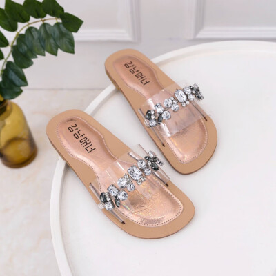 

Rose Women Summer Wear Open Toe Slippers Rhinestones Transparent Slippers Flat Shoes