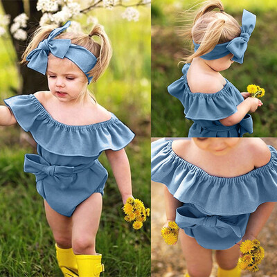 

Infant Baby Girls Off Shoulder Solid Ruffles Romper BodysuitHeadband Outfits