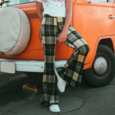 

Fashion Women Ladies Flare Pants Plaid Printing Casual Pants Trousers