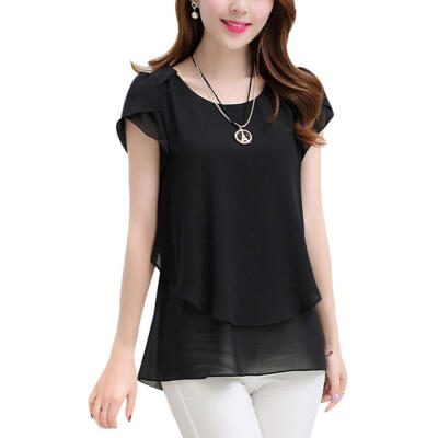 

Women Chiffon Summer T-Shirt Versatile Round Collar Loose Solid Color Short-Sleeved Casual Wild Tops