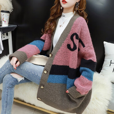 

New womens long cardigan sweater letter printing fashion loose fashion casual Korean version of the knitted jacket