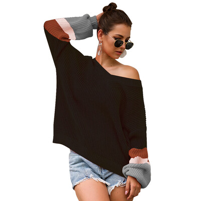 

New Women Autumn Stylish Loose Color-blocked All-match V-collar Concise Long Sleeve Sweater