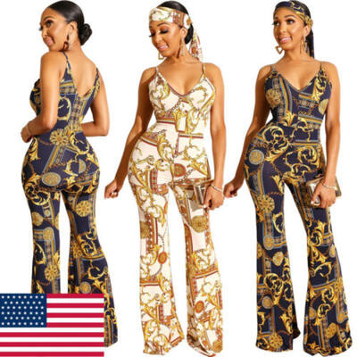 

Women Boho Summer Print Jumpsuit V Neck Sling Rompers Bodycon Casual Playsuit