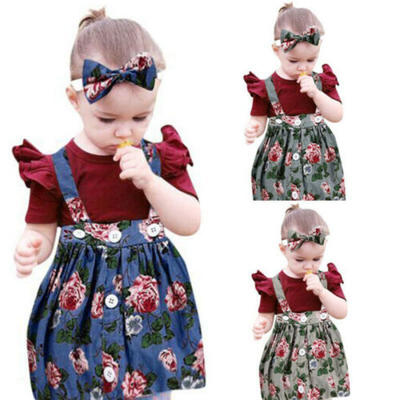 

3Pcs Toddler Kids Baby Girls Tops Romper Floral Skirt Headband Outfits Clothes