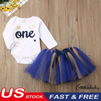 

US Toddler Baby Girl 1st Birthday Long Sleeve Romper Tutu Skirt Dress Outfit Set