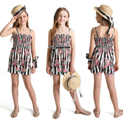 

Toddler Kids Baby Girls Strappy Romper Flower Striped Jumpsuit Outfits Clothes