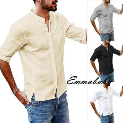 

Luxury Mens Seven-quarter Sleeve Casual Loose Linen T-shirt Dress Shirt Blouse