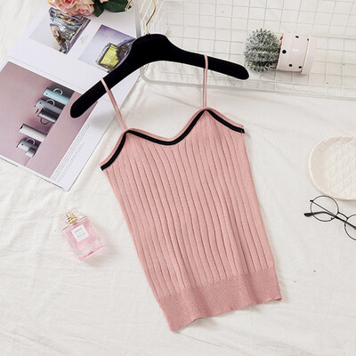 

Women Versatile Sweet Knit Off Shoulder Slim Solid Color Sexy Strap V Collar Camisole