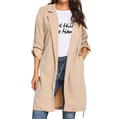 

Toponeto Women Belt Roll-up Long Sleeve Pocket Turn-down Collar Coat Jacket Cardigan