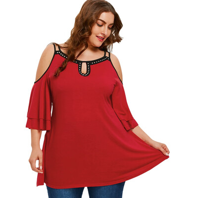

Plus Size Rivet Flare Sleeve Cold Shoulder T-shirt
