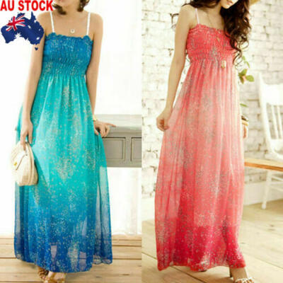 

AU Ladies Summer Boho Long Maxi Evening Party Strap Beach Dresses Chiffon Dress