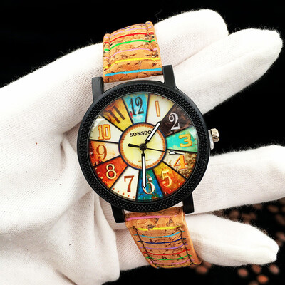 

Explosion models European&American flower surface wood grain turntable watch retro striped pattern leather watch