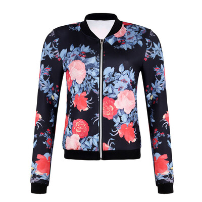 

Womens Casual Round Neck Long Sleeve Floral Printed Zipper Coats Tops Jackets
