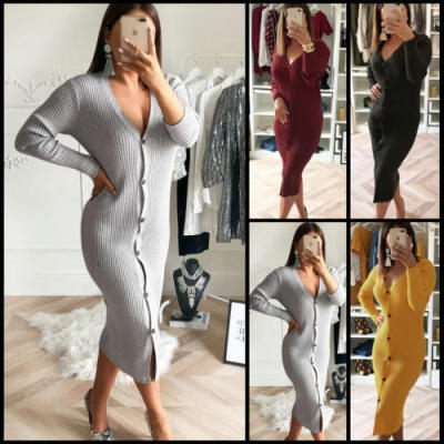 

Sexy women long sleeve solid color V neck slim casual button knit long dress sweater dress