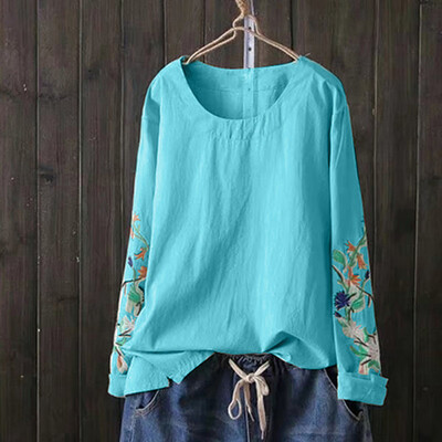 

Fall Women Tops Shirts Long Sleeve Loose Round Neck Embroidery Blouse Plus Size