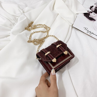 

Fashion mini shoulder Messenger bag female 2019 new chic chain double belt tongue sequins wild small square bag