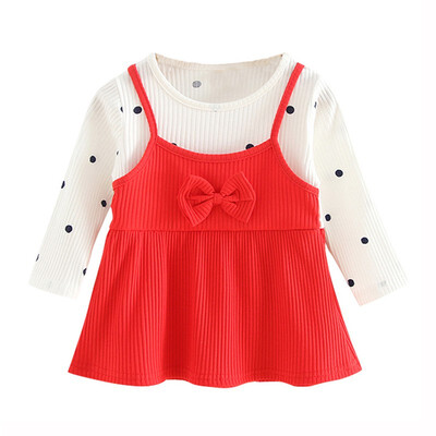 

Summer Casual Baby Sweet Girls Cute Fake 2 Piece Design Polka Dot Pattern Long Sleeve Dress Kids Toddler Pageant Sundress