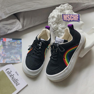 

2019 new summer Korean version of 100 canvas shoes female low-heeled thick-soled original flat-bottomed rainbow muffin shoes