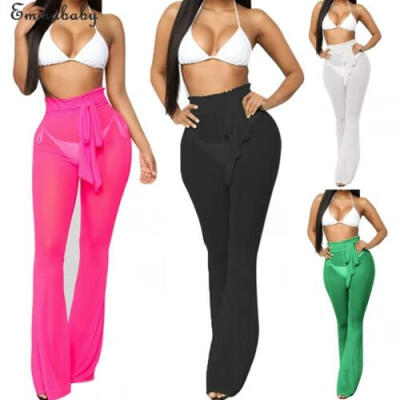 

Women See Through Beach Mesh Sheer Wide Leg Pants High Waist Bikini Cover Up